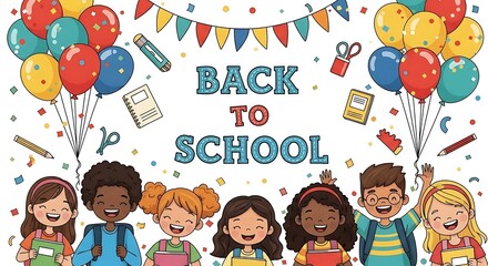 Cartoon back to school illustration with diverse children and school supplies on a white background