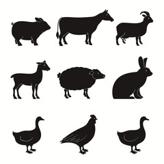 Vector art of silhouette collection of farm animals including a pig cow goat sheep rabbit goose chicken and duck in a vector illustration