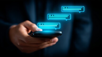 The image depicts a person holding a smartphone, with glowing chat bubbles floating above the screen, symbolizing digital communication and messaging technology on a dark background