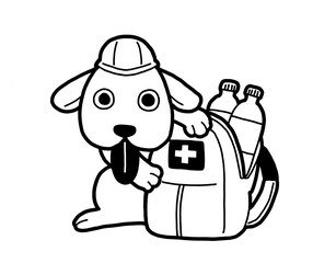 防災用リュック（非常用持出袋）と犬　白黒の手書きイラスト