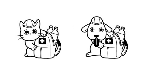 防災用リュック（非常用持出袋）と犬猫のセット　白黒の手書きイラスト