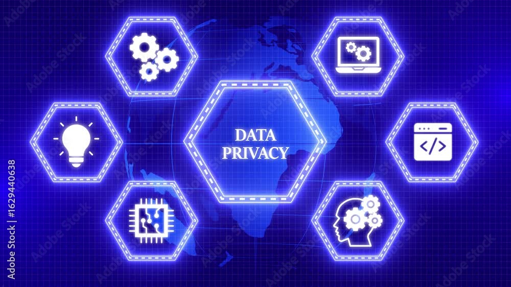 Poster cyber security data protection business technology privacy concept. glowing world map globe technolo