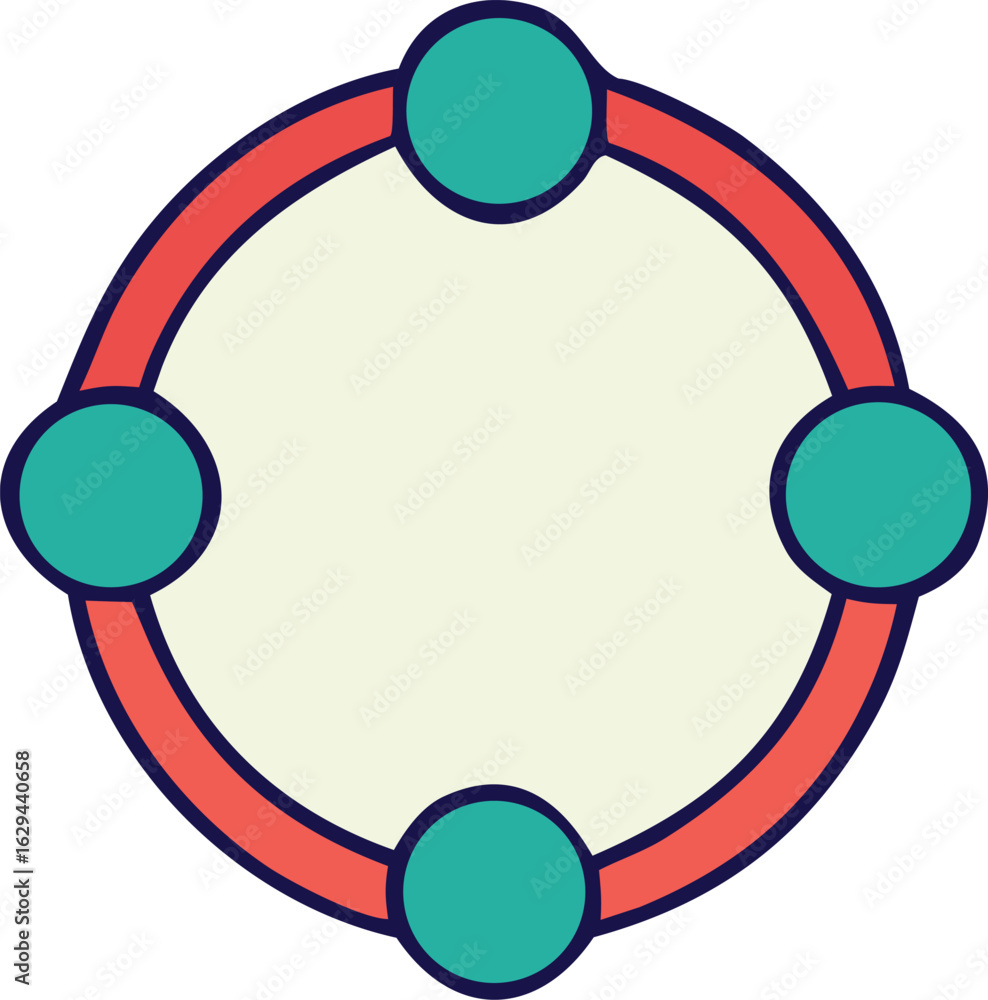 Poster abstract circular diagram with four teal circles connected by a red ring symbolizing connection and 