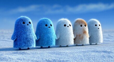 Cute and spooky minimalist ghost characters in pastel colors and black are lined up on a snowy surface, standing out against a soft gradient background, great for incorporating into Halloween designs