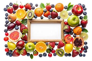 Frame of different fruits and berries flat lay top view isolated on white background