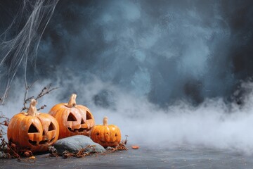 Realistic Halloween party border featuring carved pumpkins and eerie fog in a dimly lit environment perfect for festive decorations and themed activities