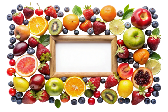 Frame of different fruits and berries flat lay top view isolated on white background
