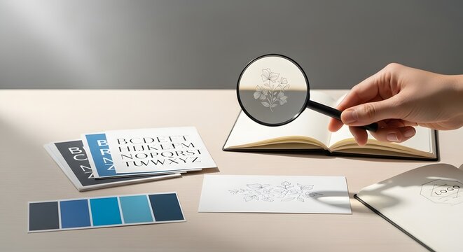 Creative process of brand identity development. Designer examining a logo with a magnifying glass on a desk with color palettes and typography samples