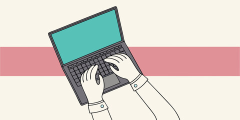 Illustration of hands typing on a laptop keyboard, showcasing remote work and digital communication in a modern design