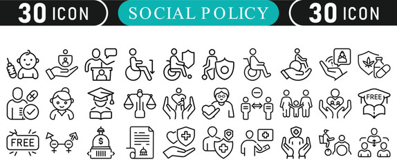 Social policy icons representing diverse human services and rights