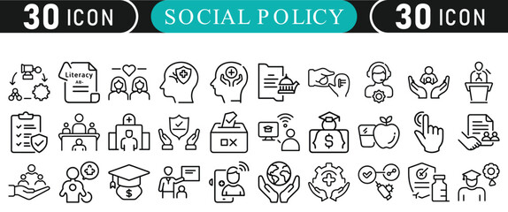 Collection of social policy icons representing government and community services