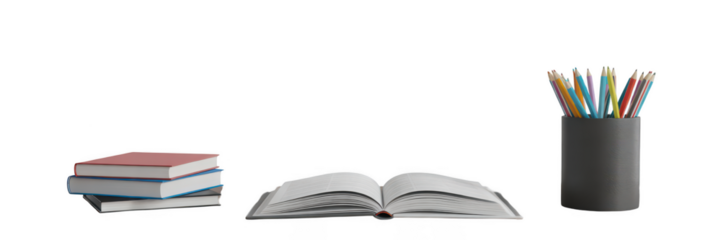 Stack of books open book and pencil holder isolated on transparent background