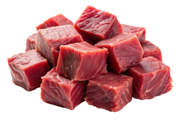 Cubes of raw beef meat isolated on white background
