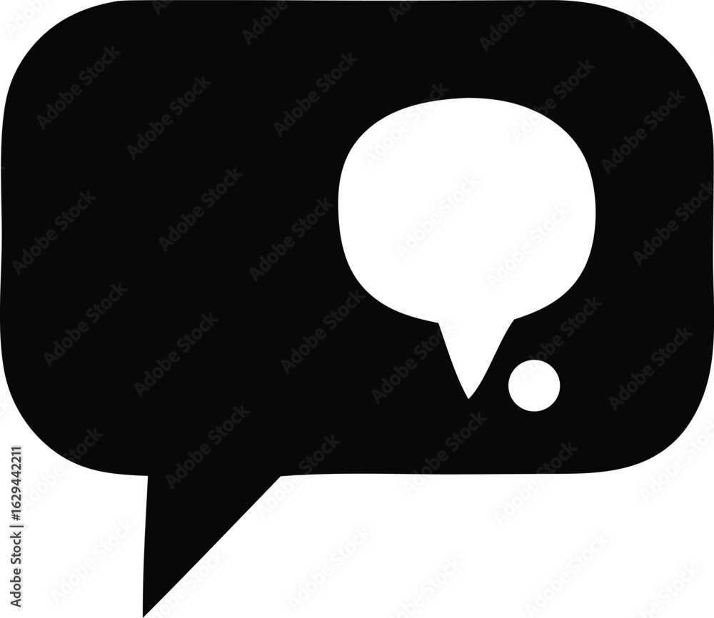 Poster a stark black and white graphic icon representing a speech bubble containing a smaller white speech 