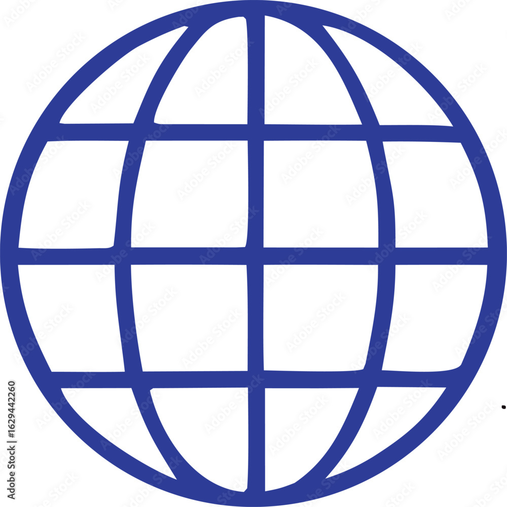 Poster simple blue stylized globe icon with a grid of longitude and latitude lines representing global conn
