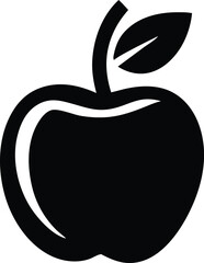 Simple black silhouette of a fresh apple with a stem and leaf ideal for graphic design and food related content