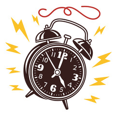 Vector art of retro alarm clock with lightning bolts symbolizing a loud ringing sound to wake someone up