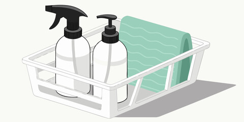 Vector art of cleaning supplies in a white plastic basket including a spray bottle, pump bottle, and cleaning towel for household chores