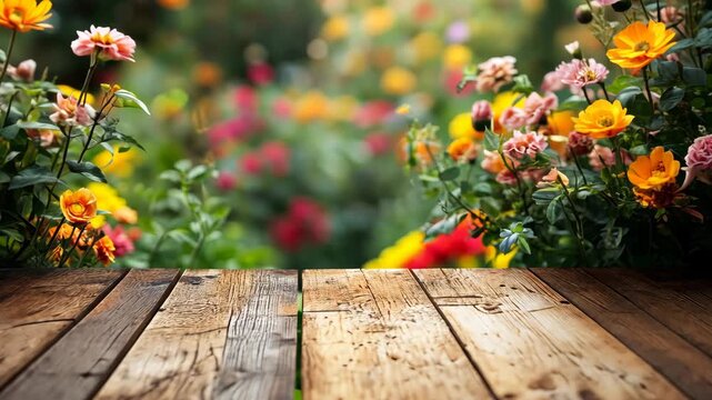 Vibrant garden scene with colorful flowers framing a rustic wooden table, creating a serene atmosphere