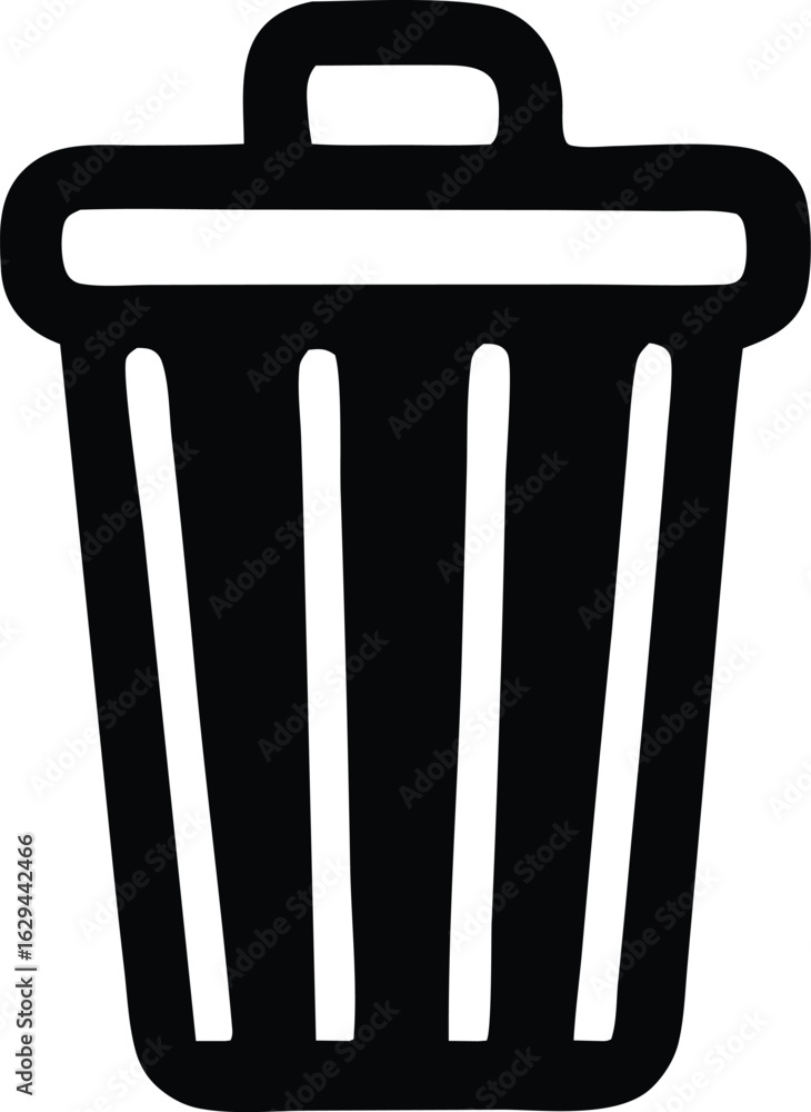 Poster simple black and white icon of a trash can with vertical slats and a handle for digital use