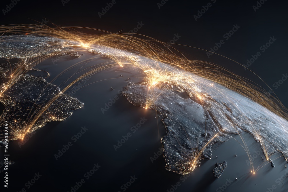 Poster global business network visualization highlighting connections across continents with illuminated ci