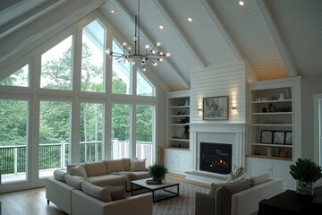 Fototapeta premium Bright Living Room with Vaulted Ceiling, Large Windows, Fireplace and Modern Chandelier