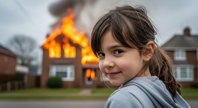 A young girl smiles mischievously as a house burns intensely in the background.