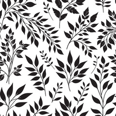 Black and white seamless floral pattern with leaves for fabric or wallpaper design