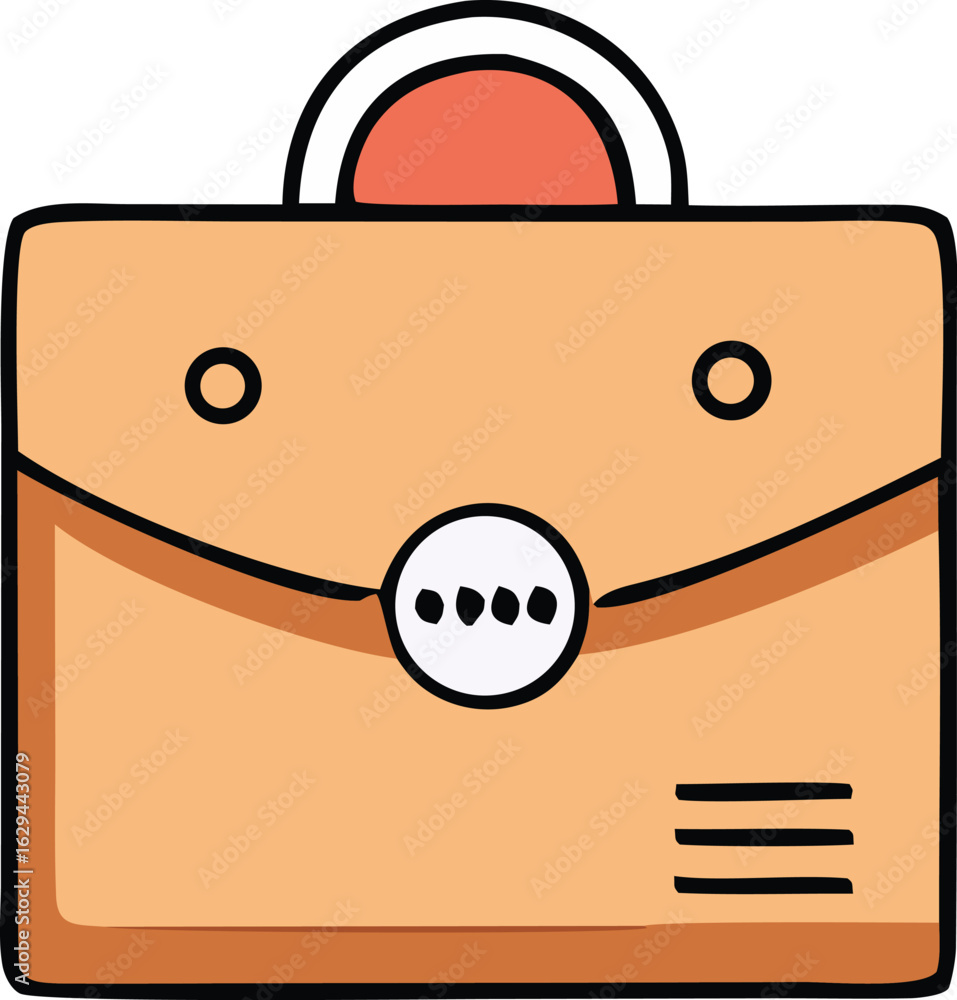 Poster cartoon illustration of a tan briefcase with a round handle and a circular clasp featuring a four do