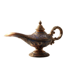 Antique, ornate genie lamp, golden, blue accents
