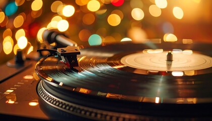Record player spinning, holiday lights