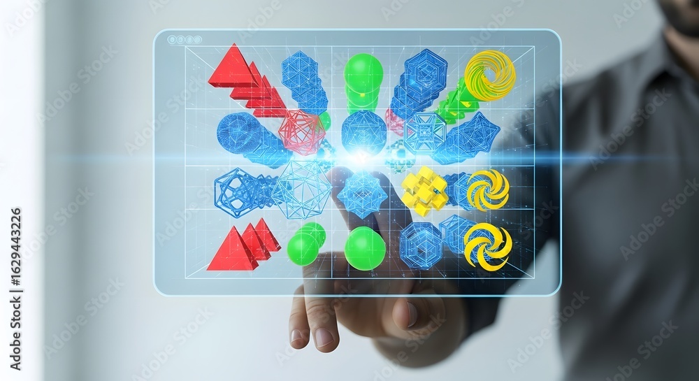 Poster futuristic technology concept with a businessman's hand interacting with a holographic interface sho