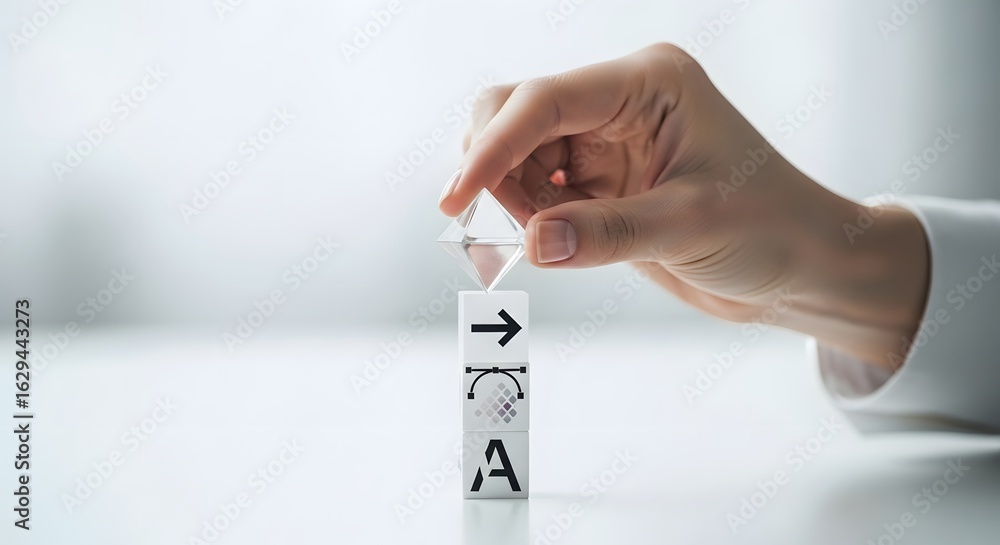 Poster a creative design process concept with a hand stacking blocks with typography, vector, and time mana