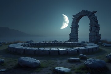 Fototapeta premium A crescent moon over an ancient stone circle. 