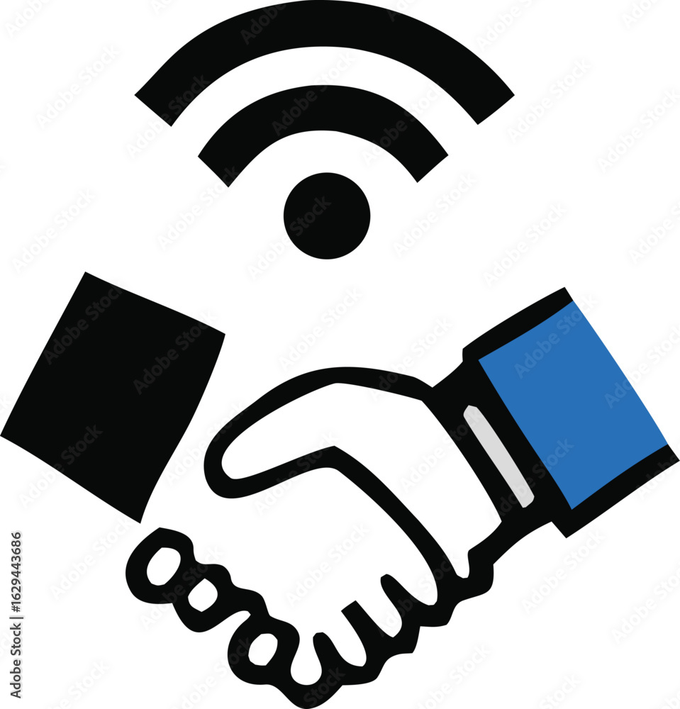 Poster symbolic representation of a digital handshake and wireless connectivity signifying partnership and 