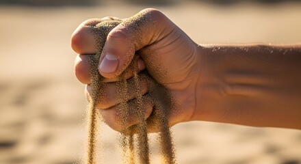 A hand clenches tightly, but sand slips through the fingers, symbolizing the passage of time and impermanence