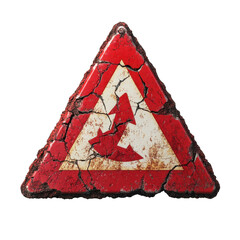 Distressed red and white warning sign with arrows indicating danger, weathered and cracked, symbolizing risk and caution on construction sites on transparent background