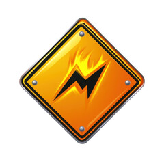 Glossy Orange Warning Sign with Lightning Bolt and Flames, High Voltage Symbol for Electrical Safety and Hazard Prevention on transparent background