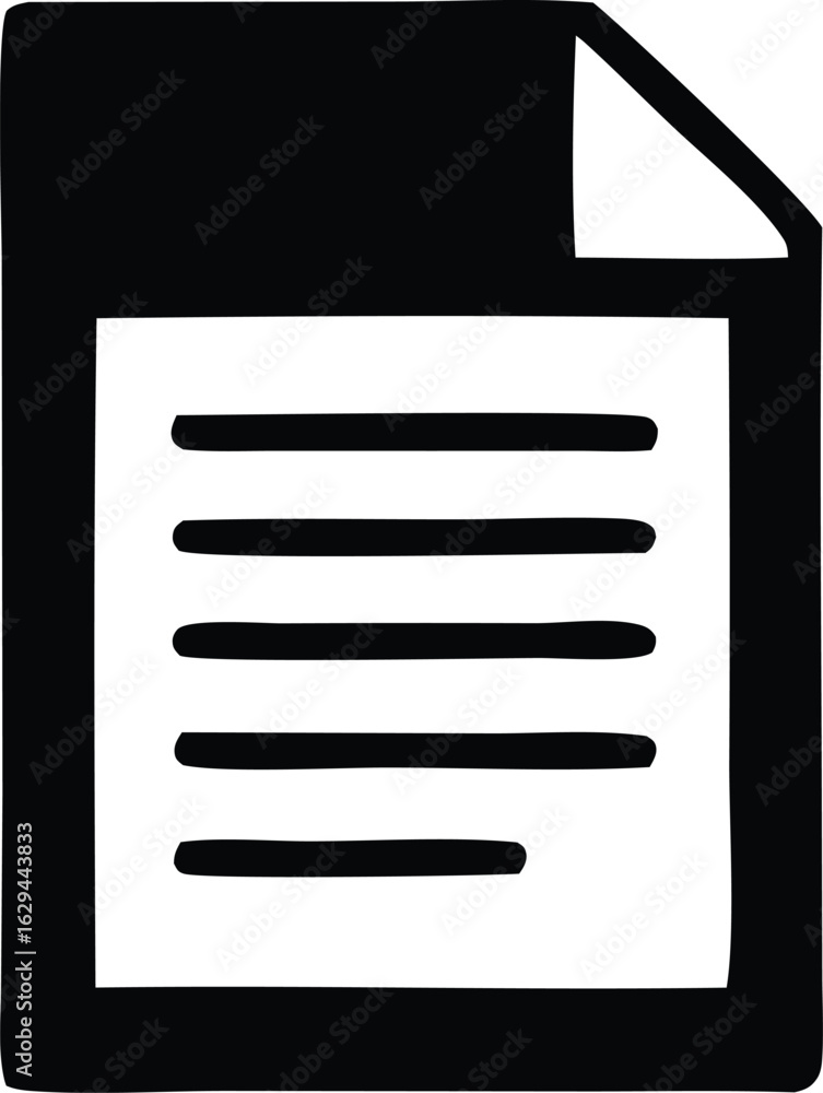 Poster simple hand drawn black and white icon representing a document with text and a folded corner