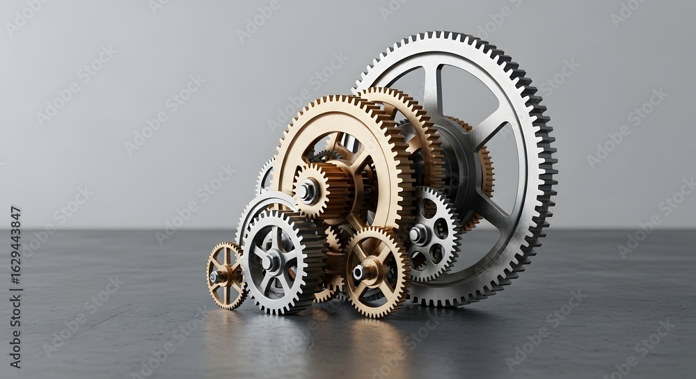 Poster intricate gear system mechanism demonstrating teamwork, process, and industrial innovation. a comple