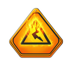 Fiery high voltage warning sign with a lightning bolt symbol, indicating danger and caution due to electrical hazards, for safety and industrial applications on transparent background