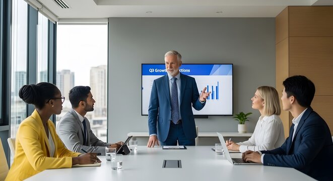A Diverse Team Engaged in a Strategic Growth Meeting with a Senior Leader Presenting Data, Multicultural Business Professionals Collaborating in a Modern Conference Room Setting