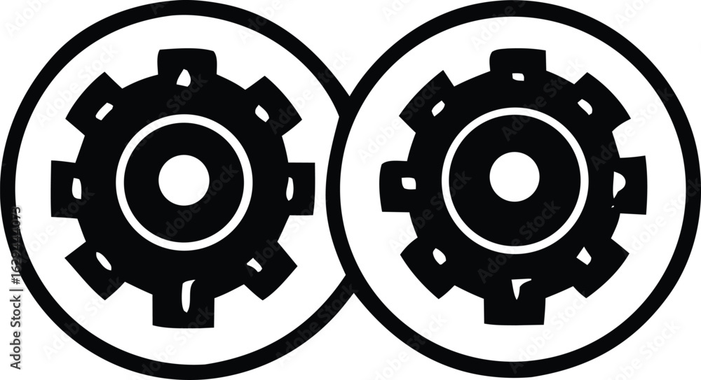Poster two interlocking black gears within white oval frames representing mechanical connection engineering