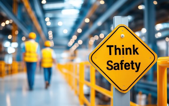 Bright yellow “Think Safety” sign in an industrial setting, emphasizing workplace awareness