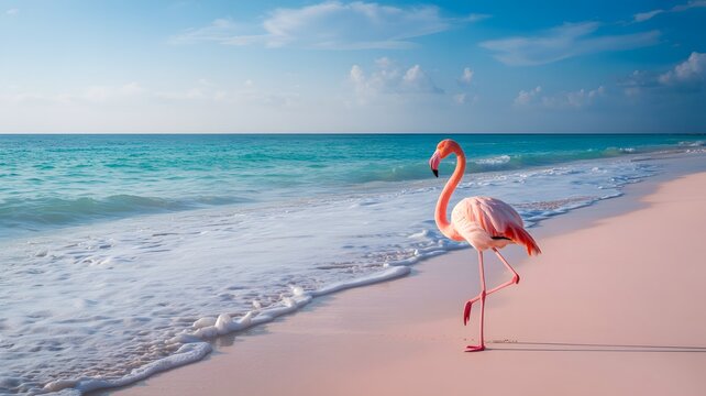 
Pink Flamingo Walking on Pristine Beach with Turquoise Ocean Waves - Powered by Adobe
