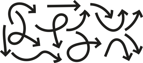 Curved, wavy, zigzag, and looped arrow icon set for diagrams, presentations, infographics, and creative layouts. Unique abstract direction symbols for visual navigation and flow designs.