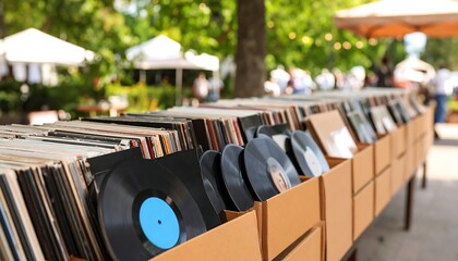 Outdoor vinyl record display at a bustling market