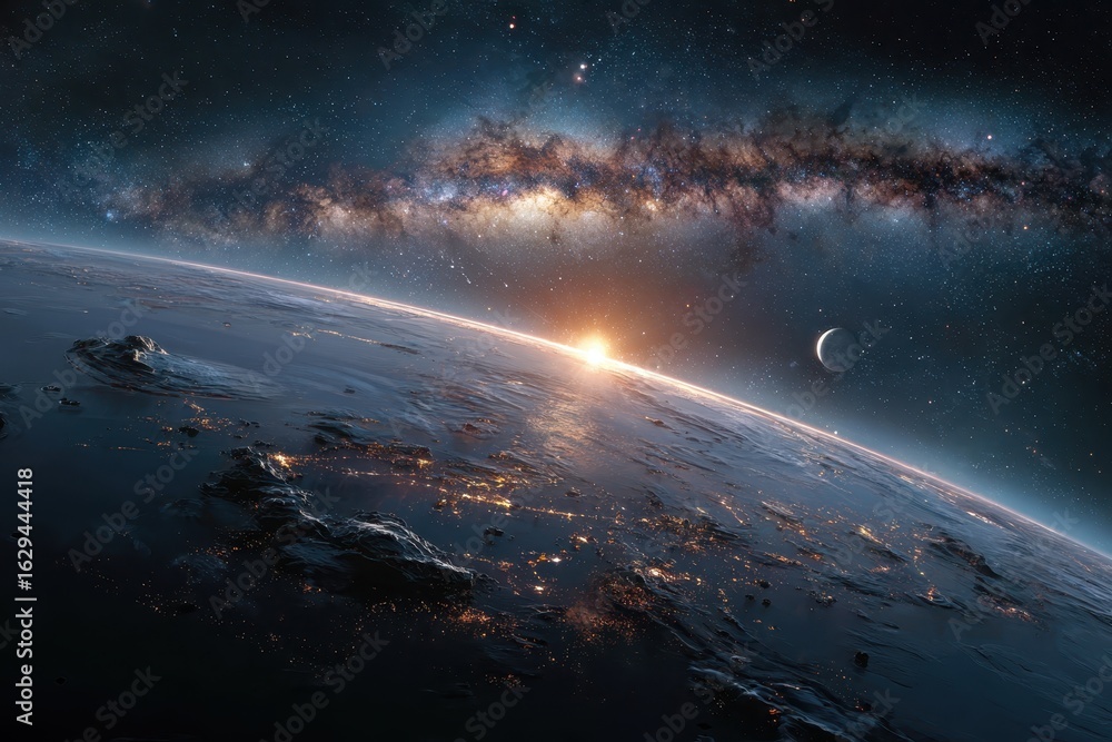 Poster stunning depiction of a planet at dawn with a galaxy backdrop and distant celestial bodies illuminat