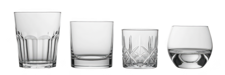Four different clear glass tumblers isolated on transparent background