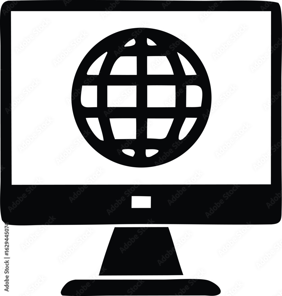 Poster stylized black and white icon of a computer monitor displaying a globe symbol representing global co